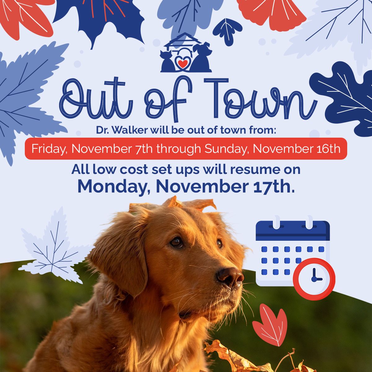 Dr Walker will be out of town from Friday, November 7th through Sunday, November 16th. All low cost set ups will resume on Monday, November 17th